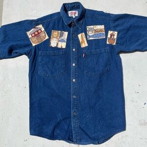 Men's Vintage Cosmo Denim Shirt Blue Patches M Chore Ranch Classic Art‎ Taiwan
